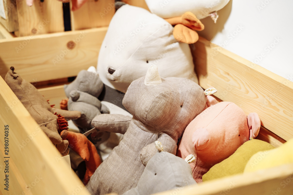 Soft cute handmade toys in wooden box Soft cute handmade toys in wooden box