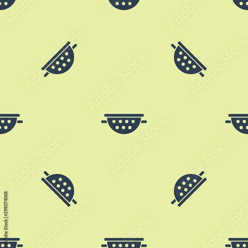 Blue Kitchen colander icon isolated seamless pattern on yellow background. Cooking utensil. Cutlery sign. Vector Illustration