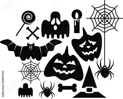 Halloween black and white icons set. Vector illustration.