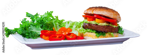 Delicious vegetarian hamburger with soybean patty and fresh vegetables