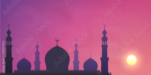 Dark mosque silhouette on violet sunset sky smoky background. Vector banner illustration