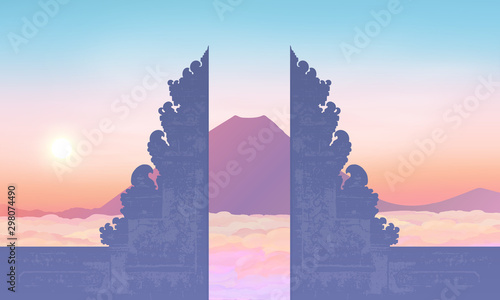 Morning sky with mountain and traditional balinese gate silhouette, vector illustration