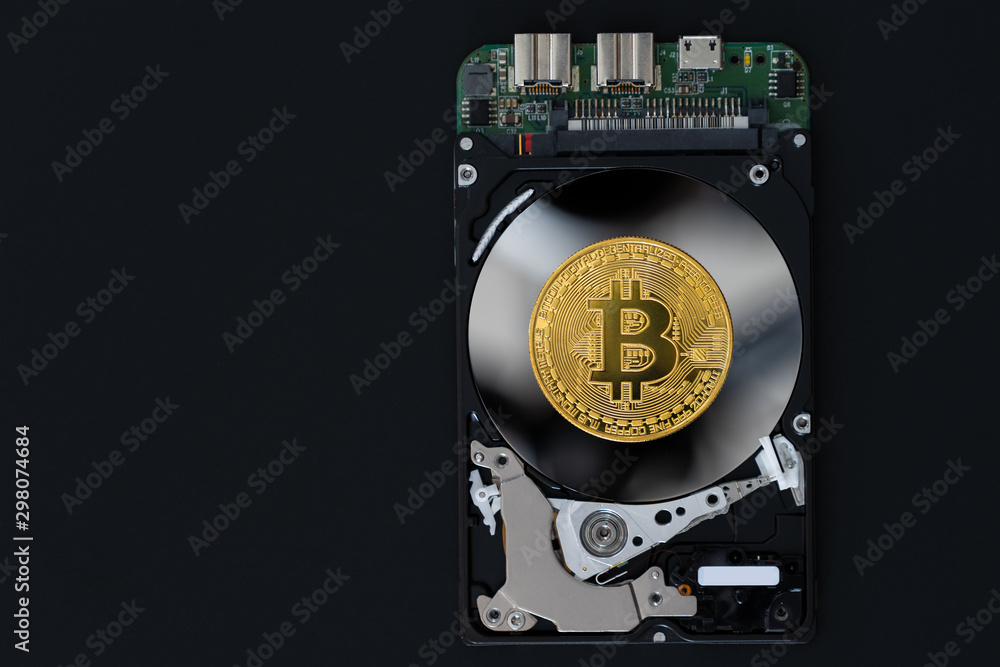 Fototapeta premium Golden Bitcoin on black backround, crypto currency and network blockchain
