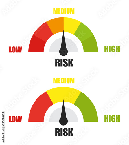 Risk concept on speedometer. Vector flat icon