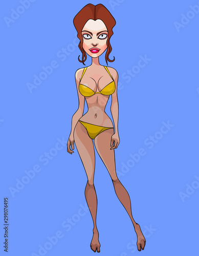 cartoon attractive woman with a beautiful figure in a yellow bathing suit