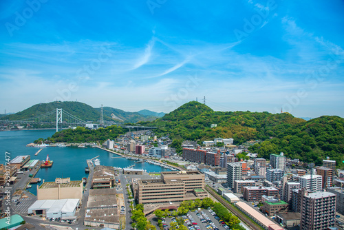 Aerial view Mojiko Retro Town, Kitakyushu cityscape and blue sky and cloud,  Kyushu, Japan. photo