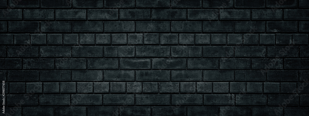 Black brick wall wide texture. Gloomy grunge panoramic dark background
