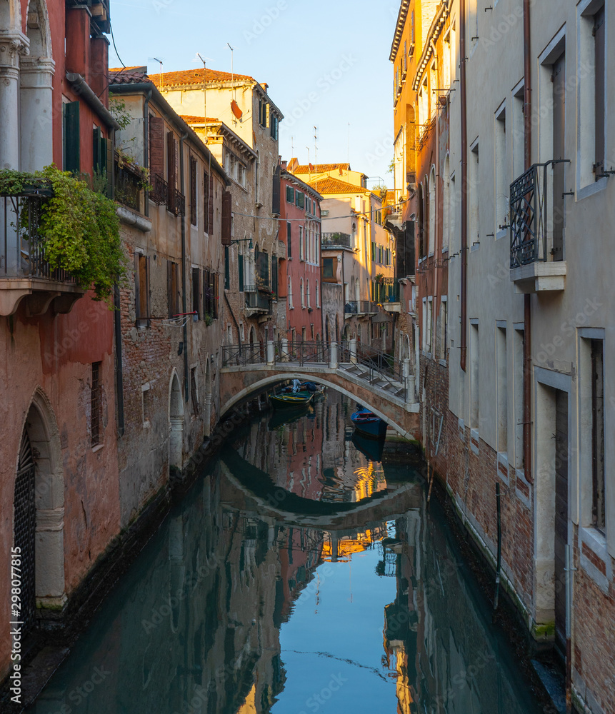 Old buildings in Venice. Canal view with bridge. Travel photo. Italy. Europe.