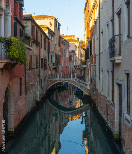 Old buildings in Venice. Canal view with bridge. Travel photo. Italy. Europe.