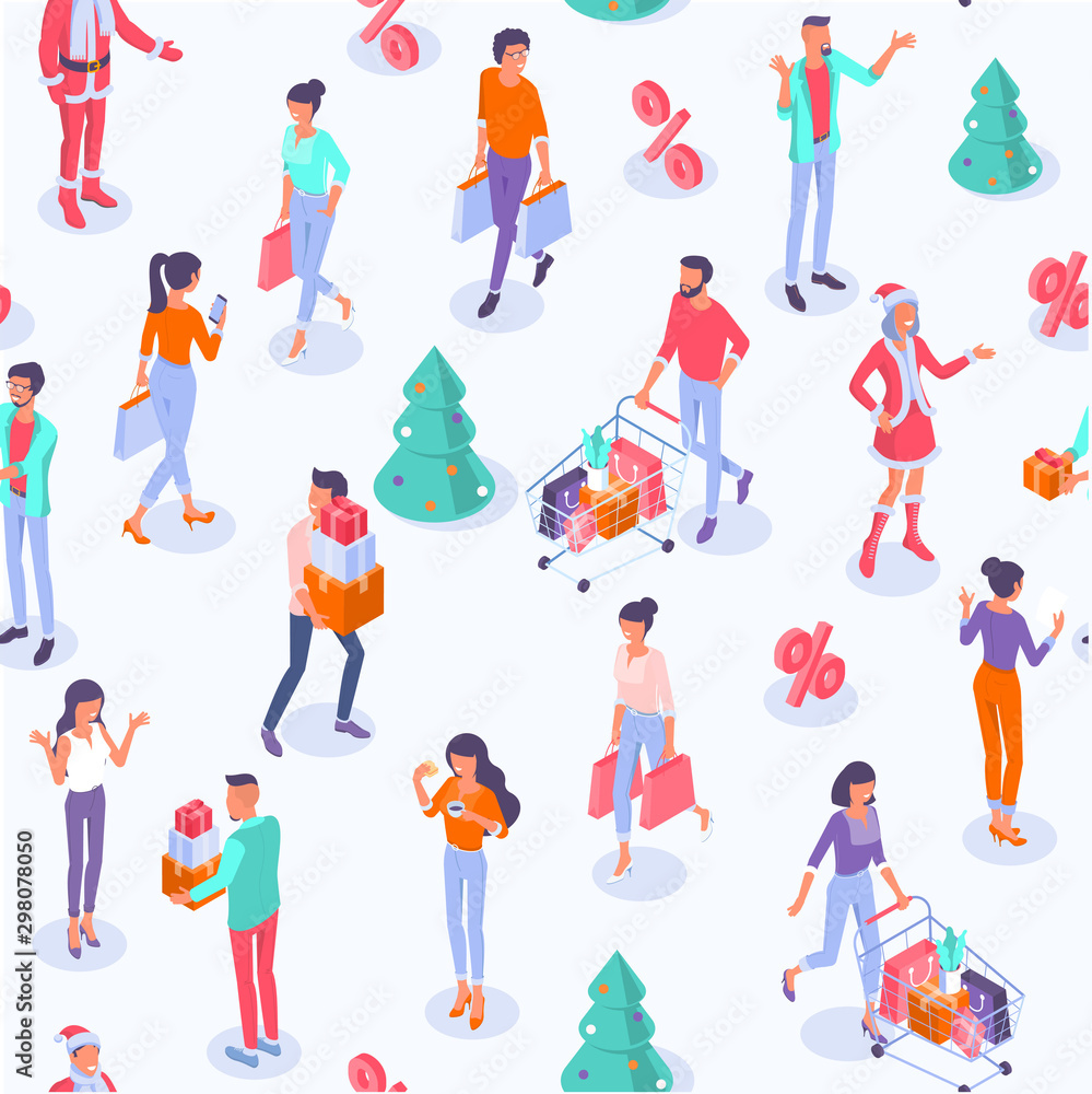 Flat design isometric Christmas and New Year pattern wint happy people, Christmas tree, and young Santa seamless vector pattern.
