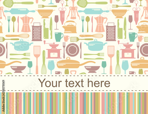 Kitchen background with bright flat icons and with place for text. Retro styled menu. 