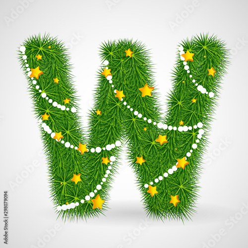 Decorated Christmas and New Year tree abc. Vector decorative font with fir-tree, stars and garlands. Retro vintage style typeface letter set.
