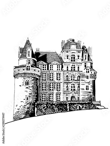 Graphical sketch of  Brissac castle isolated on white background,vector illustration,France