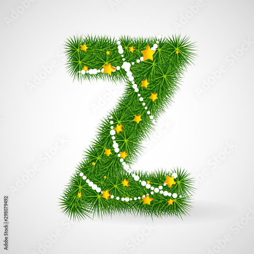 Decorated Christmas and New Year tree abc. Vector decorative font with fir-tree, stars and garlands. Retro vintage style typeface letter set.