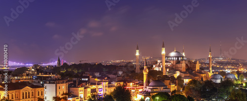 Photography Hagia Sophia and the Bosphorus Bridge, evening panorama of Istanbul
