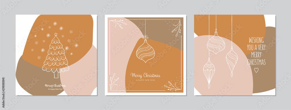 Merry Christmas square cards set with Christmas trees, baubles and greetings. Doodles and sketches vector Christmas illustrations.