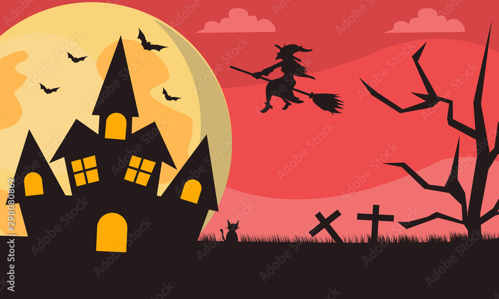 Halloween day concept castle and witch illustration design.