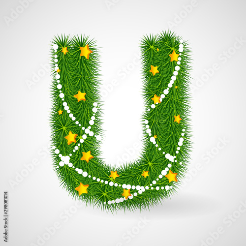 Decorated Christmas and New Year tree abc. Vector decorative font with fir-tree, stars and garlands. Retro vintage style typeface letter set.