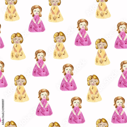 Watercolor doll seamless pattern on white background isolated object