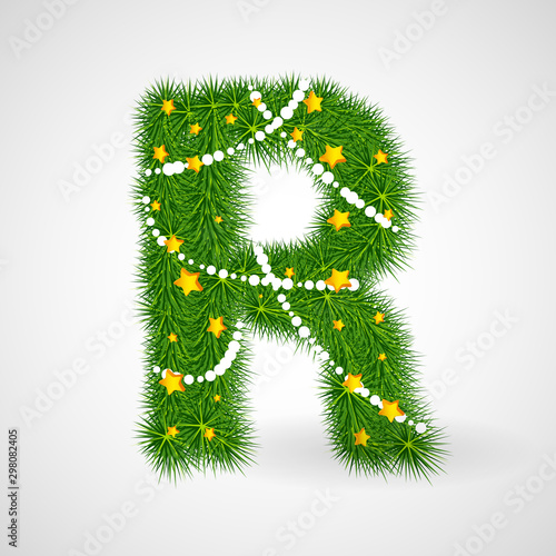 Decorated Christmas and New Year tree abc. Vector decorative font with fir-tree, stars and garlands. Retro vintage style typeface letter set.
