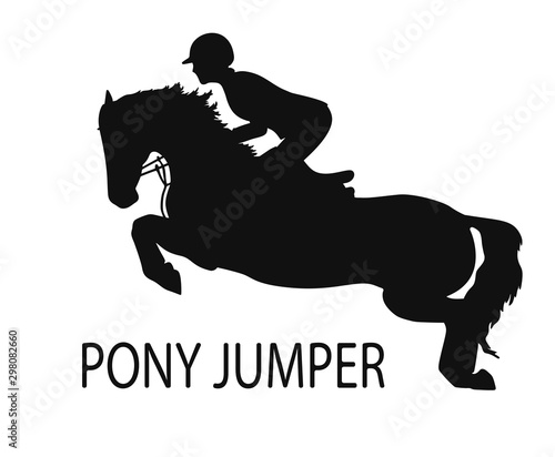 Silhouette of a young rider and pony jump, equestrian sport