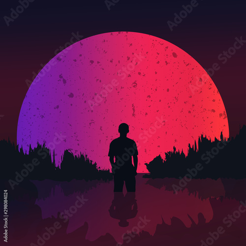 The guy stands in the water at night and looks at the moon. Vector illustration