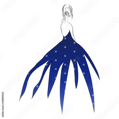 The girl stands with her back in a dress. Vector illustration