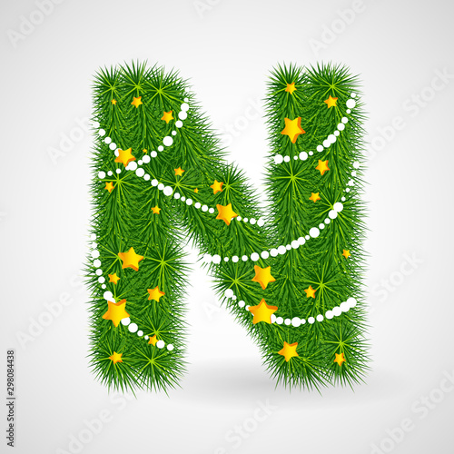 Decorated Christmas and New Year tree abc. Vector decorative font with fir-tree, stars and garlands. Retro vintage style typeface letter set.