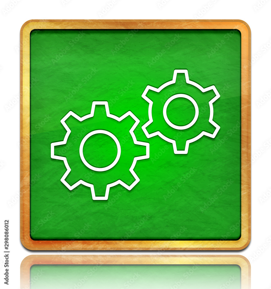Settings process icon chalk board green square button slate texture wooden frame concept isolated on white background with shadow reflection
