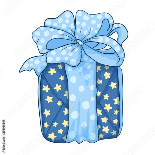 Blue gift box with yellow stars print and pastels blue ribbon bow with white dots on white background vector hand draw illustration in cartoons style.