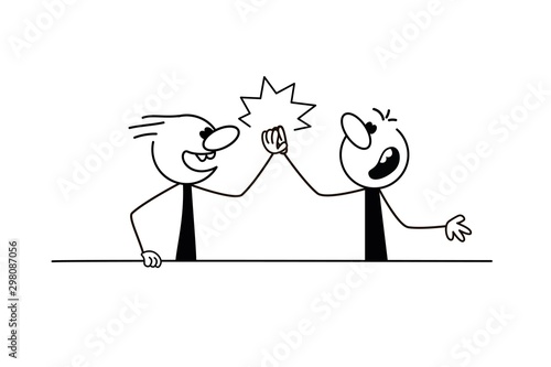 Doodle stick figure: Two men meeting, doing high five - Vector