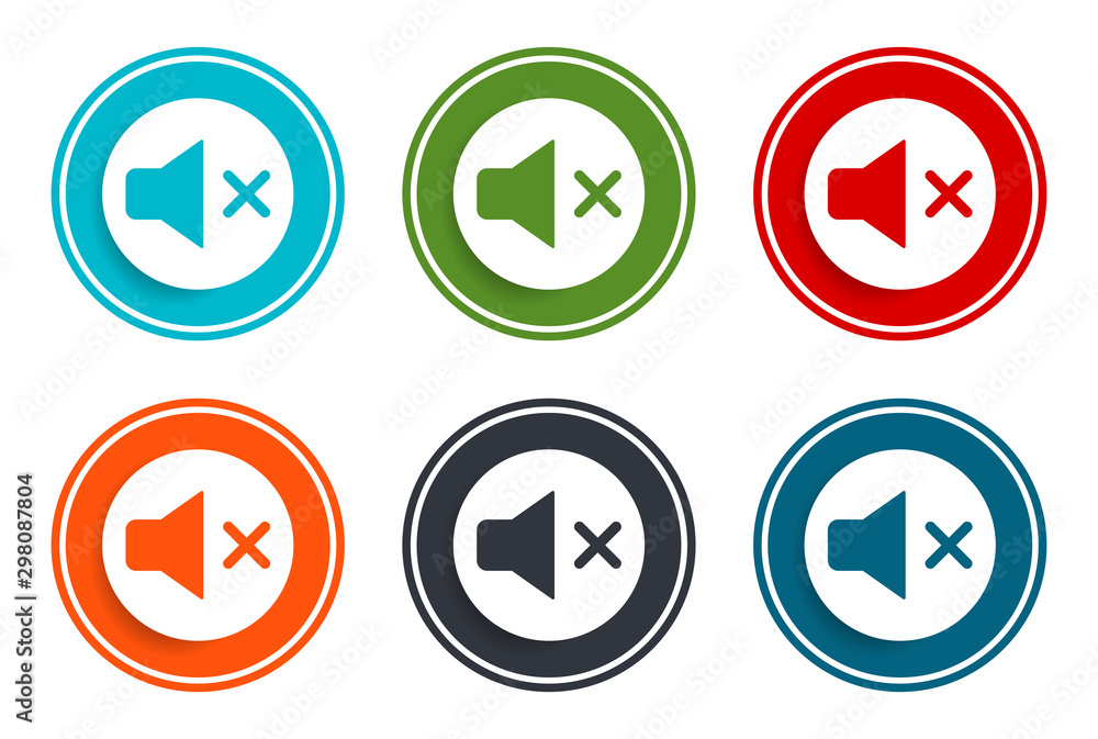 Mute speaker icon flat vector illustration design round buttons collection 6 concept colorful frame simple circle set Mute speaker icon flat vector illustration design round buttons collection 6 concept colorful frame simple circle set
