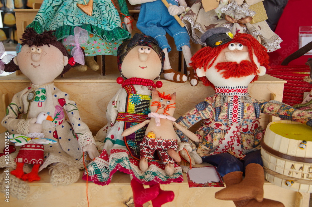 Naklejka premium Moscow, Russia - March 2, 2019: Handmade textile rag dolls