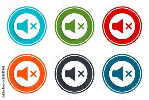 Mute speaker icon flat vector illustration design round buttons collection 6 concept colorful frame simple circle set