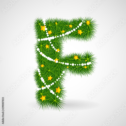 Decorated Christmas and New Year tree abc. Vector decorative font with fir-tree, stars and garlands. Retro vintage style typeface letter set.
