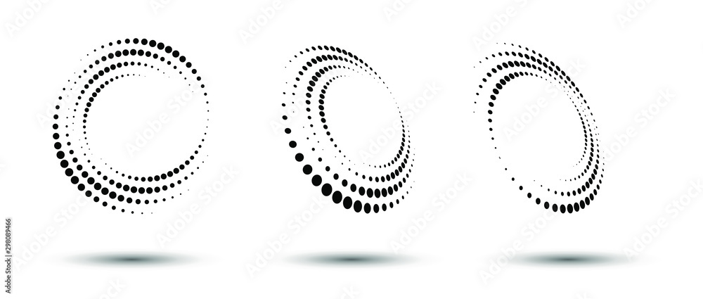 Halftone circle frame, abstract dots logo emblem design element for any project. Round border icon or backgroud. Vector EPS10 illustration. Abstract dotted halftone vector with differents perspective - obrazy, fototapety, plakaty 