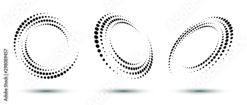 Halftone circle frame, abstract dots logo emblem design element for any project. Round border icon or backgroud. Vector EPS10 illustration. Abstract dotted halftone vector with differents perspective