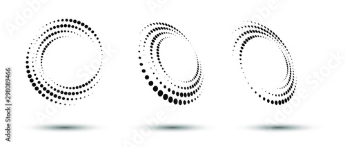 Halftone circle frame, abstract dots logo emblem design element for any project. Round border icon or backgroud. Vector EPS10 illustration. Abstract dotted halftone vector with differents perspective