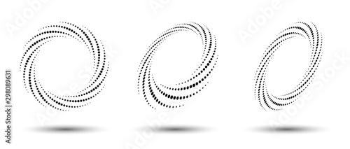 Halftone circle frame, abstract dots logo emblem design element for any project. Round border icon or backgroud. Vector EPS10 illustration. Abstract dotted halftone vector with differents perspective
