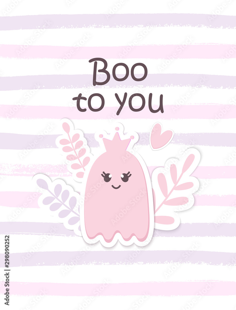 Boo To You Halloween cute card of Little Ghost Girl with a Crown. Nursery wallpaper, kids background, sticker. Pastel color smiling Cartoon character isolated on brush ink strokes. Printable