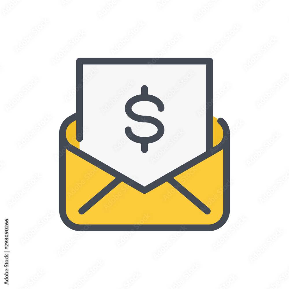 Mail with bill and payment confirmation color line icon. Email envelope with dollar vector outline colorful sign. Mail with bill and payment confirmation color line icon. Email envelope with dollar vector outline colorful sign.