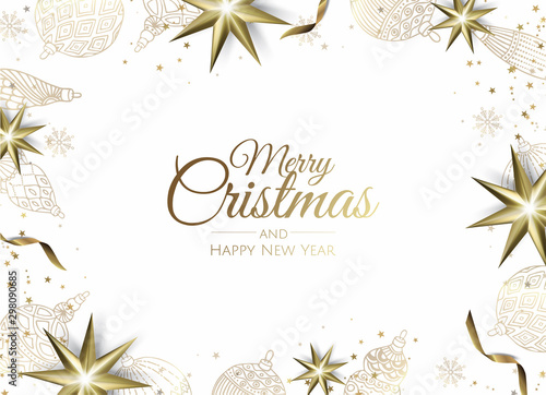 Christmas greeting card wit Christmas Tree Decorations, Pine Branches, balls,stars and snow