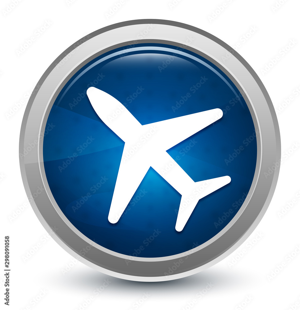 Plane icon starburst shiny blue round button illustration design concept Plane icon starburst shiny blue round button illustration design concept