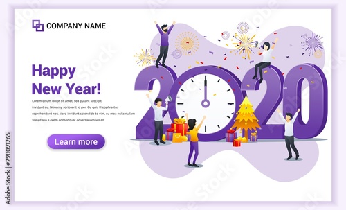 People celebrate the New year near big clock and big symbol 2020 numbers. Can use for web banner, poster, landing page, web template. Vector illustration