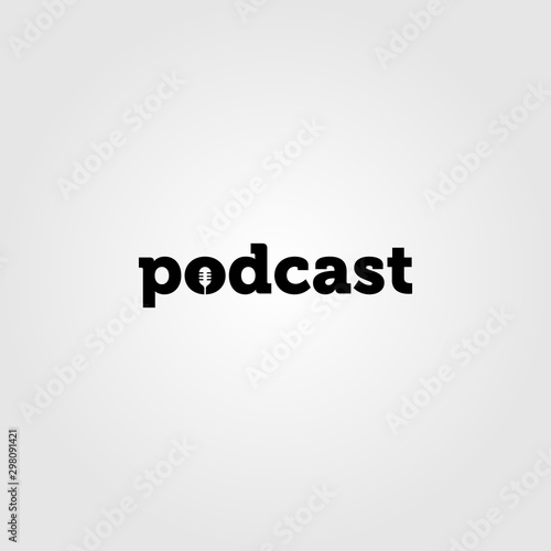 microphone in negative space podcast word logo vector illustration design