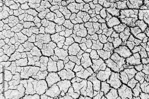 Top view of the Cracked soil in the summer with the sun. black and white the Cracks of the dried soil in arid season at rural Thailand.