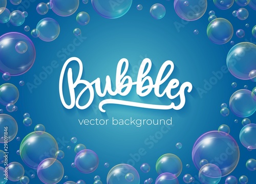 Festive bubbles with rainbow reflection vector illustration. Transparent soap balls with glares, highlights and gradient on blue background for your design