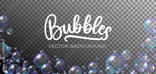 Soap bubbles in rainbow colors vector background. Colorful iridescent foam balls or spheres illustration template on transparent for your festive design photo