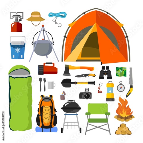 Camping supplies, tools and equipment set vector illustration. Collection consists of tent, sleeping bag, travel backpack, cauldron, cable and others. Travelling concept