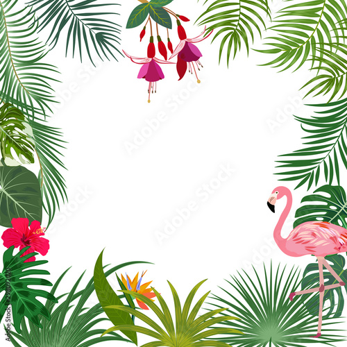 Vector tropical jungle banner, frame with flamingo, palm trees, flowers and leaves on white background